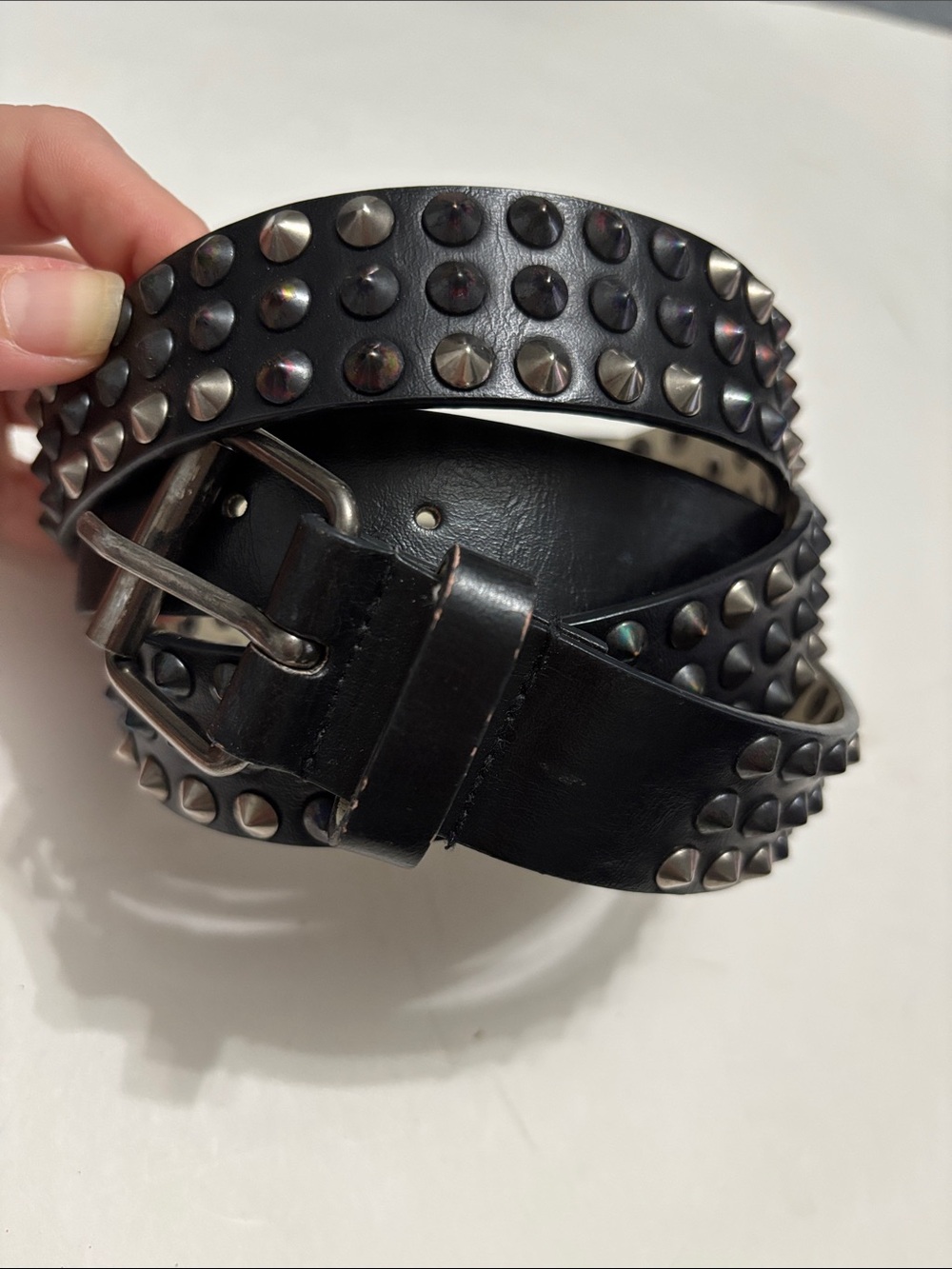 Black Leather Studded Belt Silver Buckle Punk Grunge 44" - Picture 4 of 15